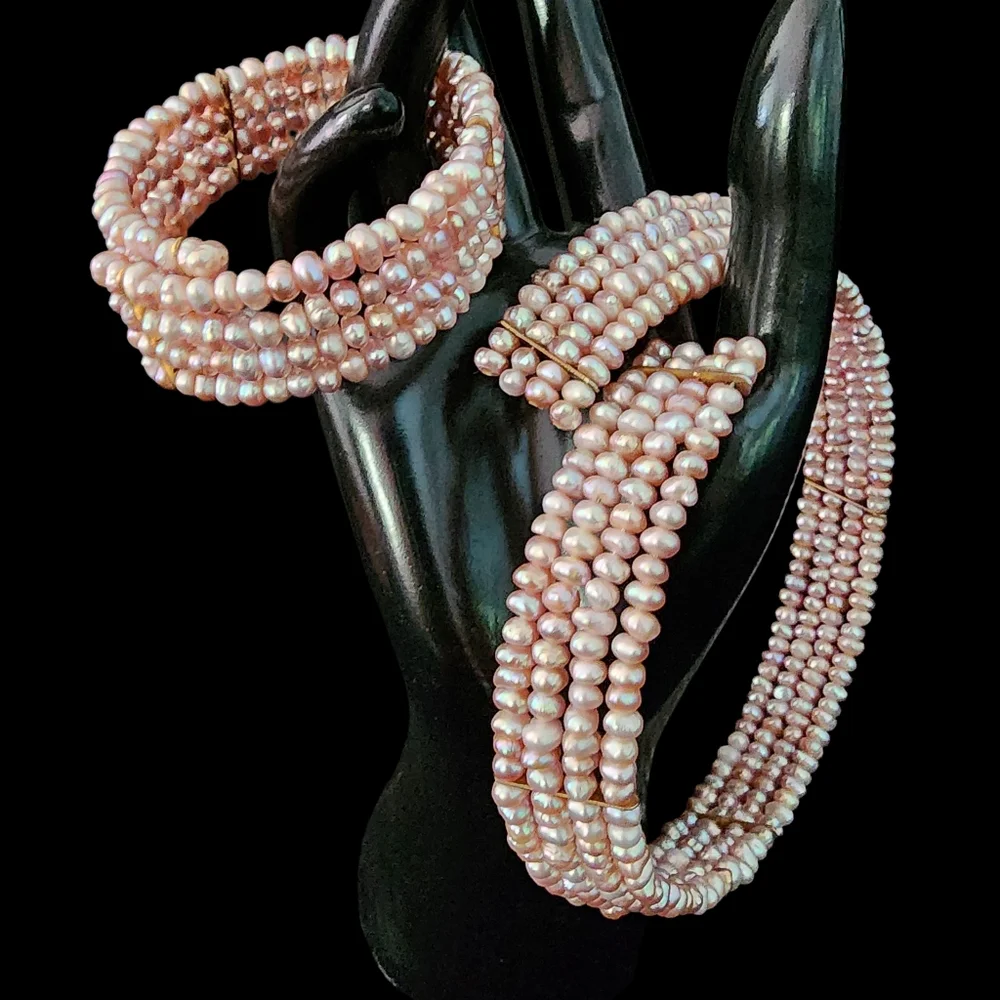 Pink pearl cuff bracelet petite pearls 4 tiers dainty blush pearls A0019